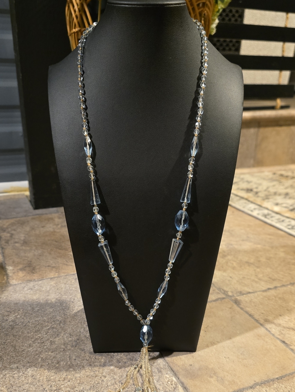 Crystal Bead Long Necklace with Tassel - Clear
